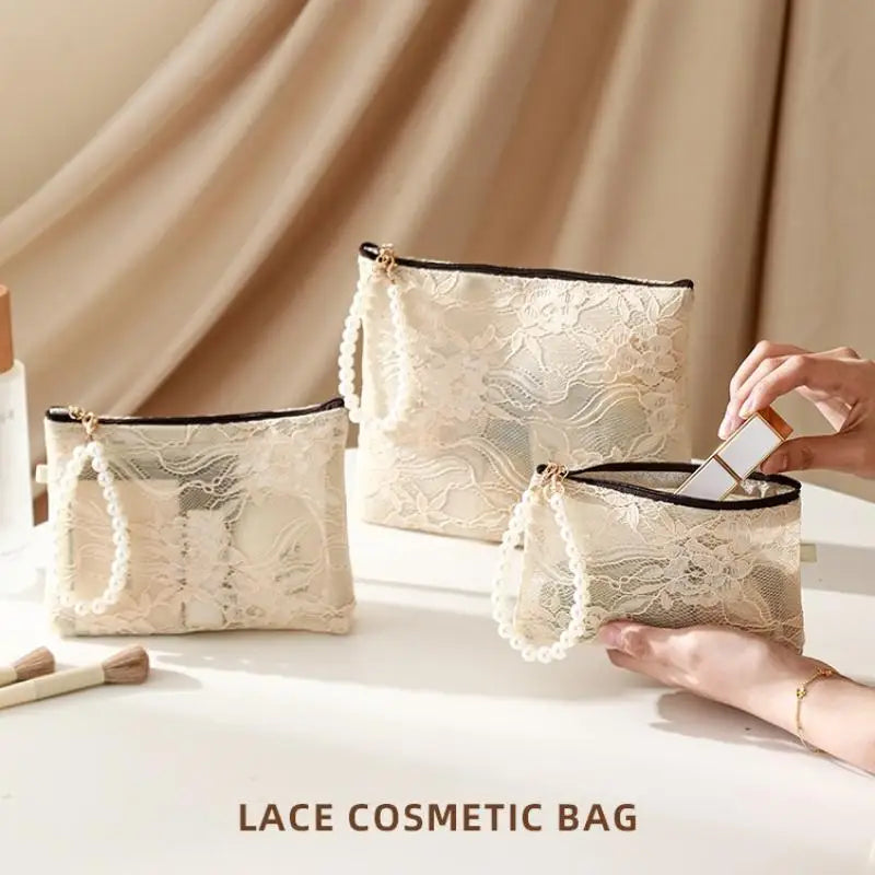 Lace Makeup Bag with Pearl Wrist Strap | Travel Cosmetic Pouch Cosmetic Bag Axl