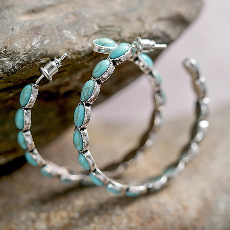 Huitan Large Hoop Earrings Imitation Turquoise | Vintage Style Hoop Earrings Axl