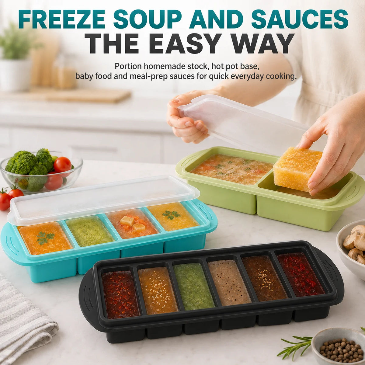 3-Pack Silicone Freezer Trays with Lids – 1 Cup Soup Molds Silicone Freezer Trays Axl
