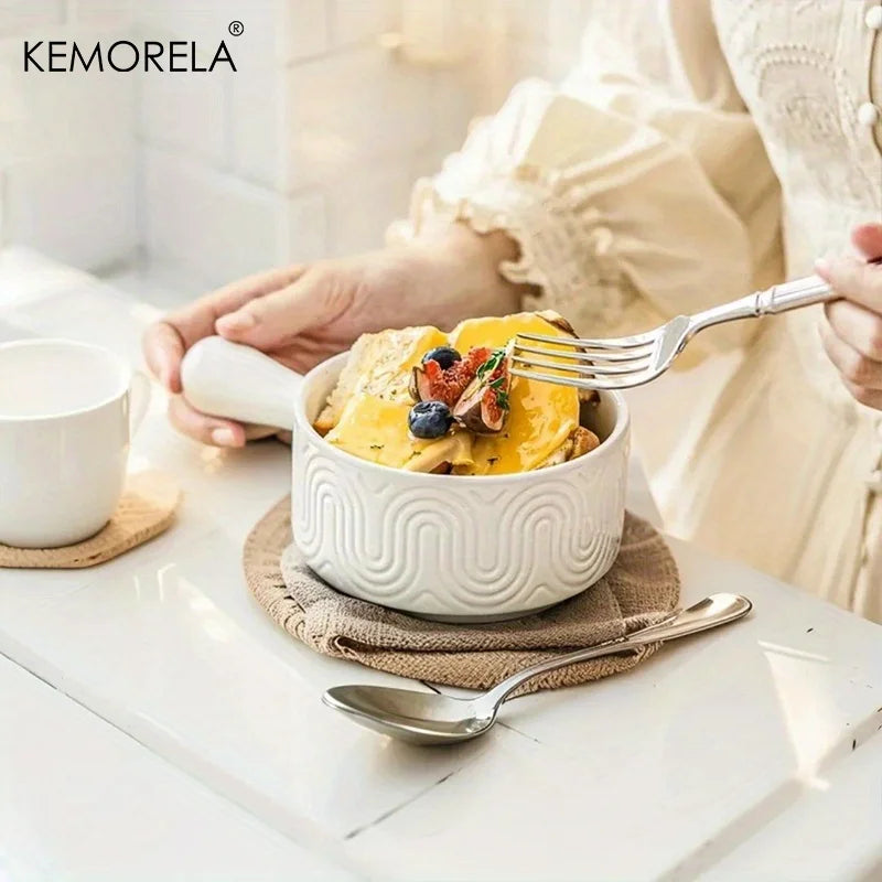 KEMORELA White Ceramic Handled Bowl – Embossed Soup Bowl Ceramic Soup Bowl Axl