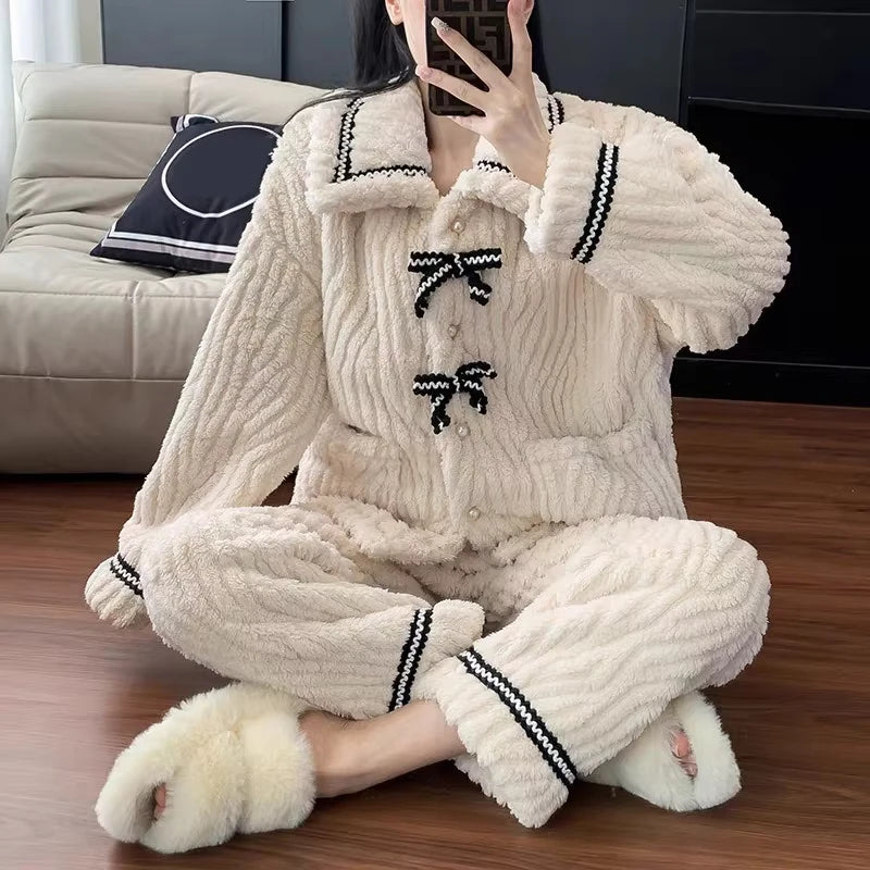 Women's Bow Pajama Set – Warm Thick Winter Sleepwear 2-Piece Women's Pajama Set Axl