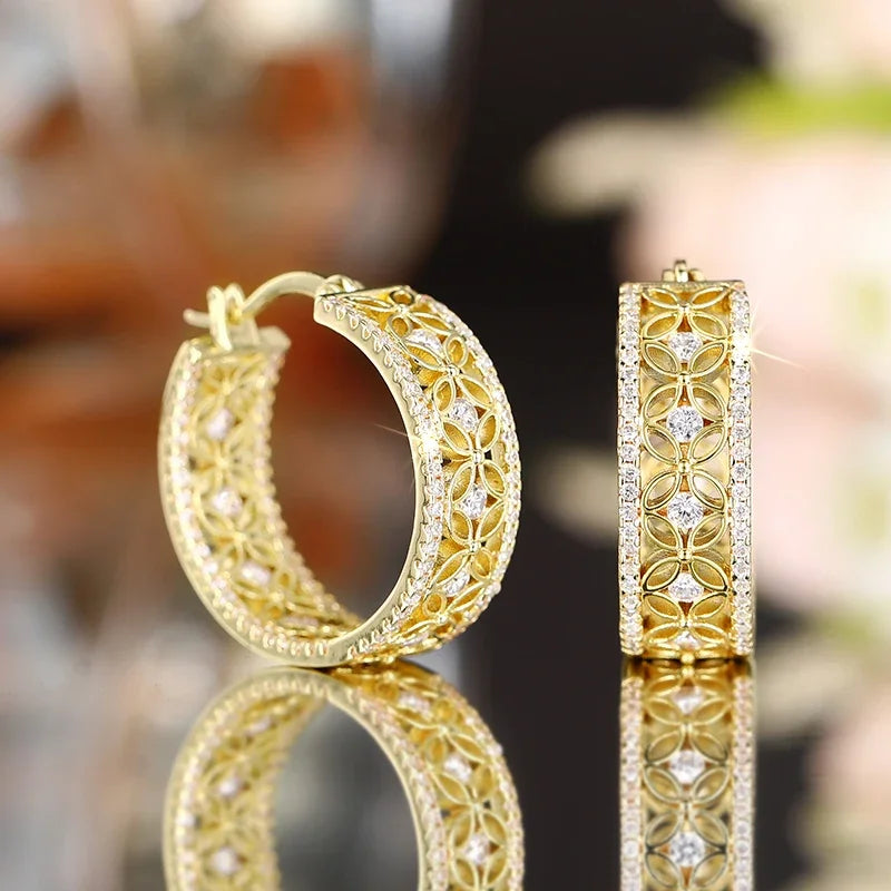 Huitan Gold CZ Hollow Flower Hoop Earrings | Bridal Jewelry Hoop Earrings Axl