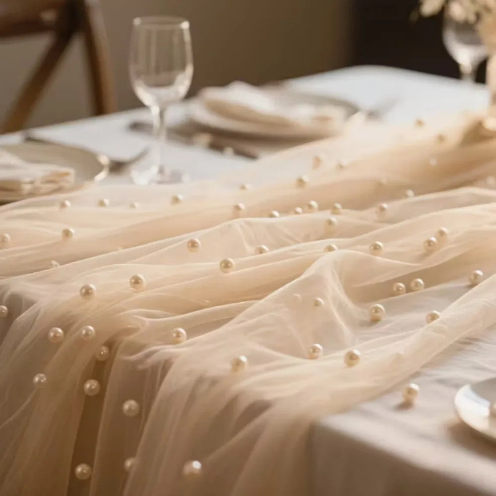 Pearl Tulle Table Runner – Sheer Mesh Gauze Drape 0.75×3M Tulle Table Runner Axl Champagne