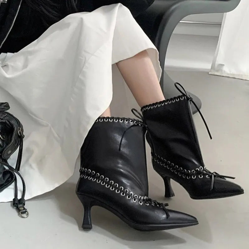 Women's Pointed Toe Kitten Heel Ankle Boots – Bowknot Kitten Heel Booties Axl