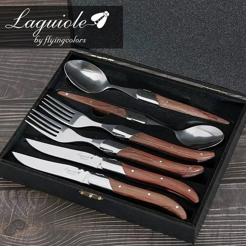 6-Piece Laguiole-Style Steak Knife & Fork Set | Wood Handle Steak Cutlery Set Axl rosewood cutlery set