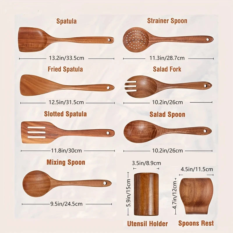 9-Piece Teak Wooden Kitchen Utensils Set with Holder Kitchen Utensil Set Axl 9PCS