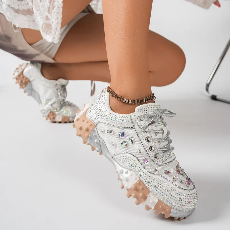 Women's Rhinestone Platform Sneakers – Shiny Lace-Up Shoes Platform Sneakers Axl