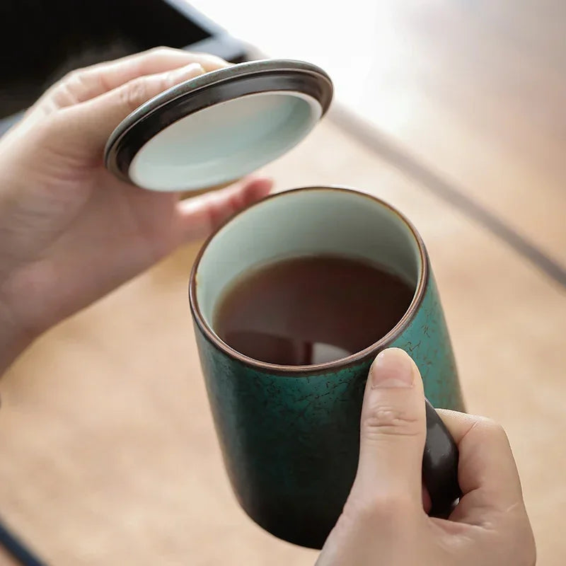 Retro Japanese Ceramic Mug with Lid & Wood Handle | Kiln Baked Ceramic Coffee Mug Axl