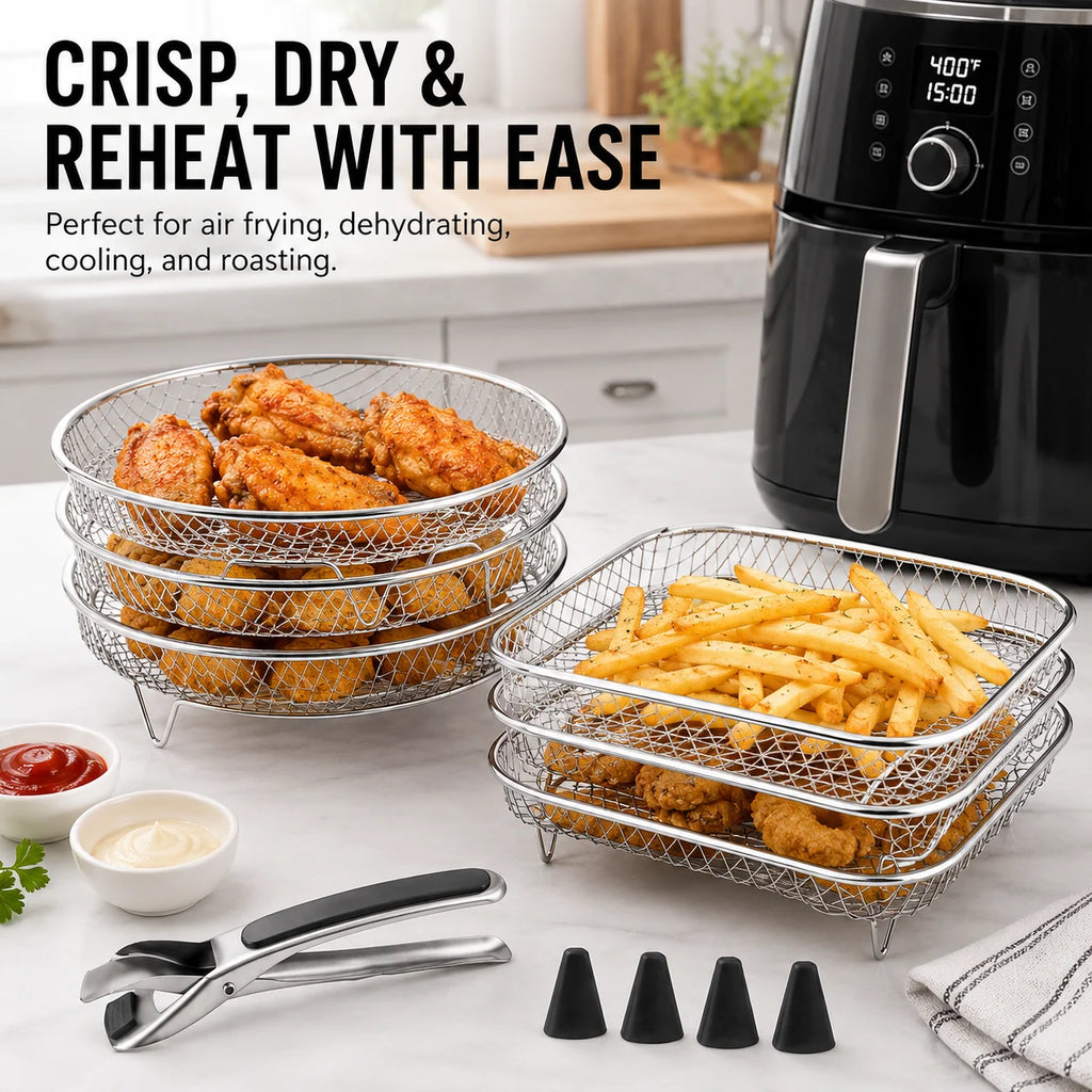 3-Tier Stackable Air Fryer Rack – Stainless Steel Dehydrator Set Air Fryer Rack Axl