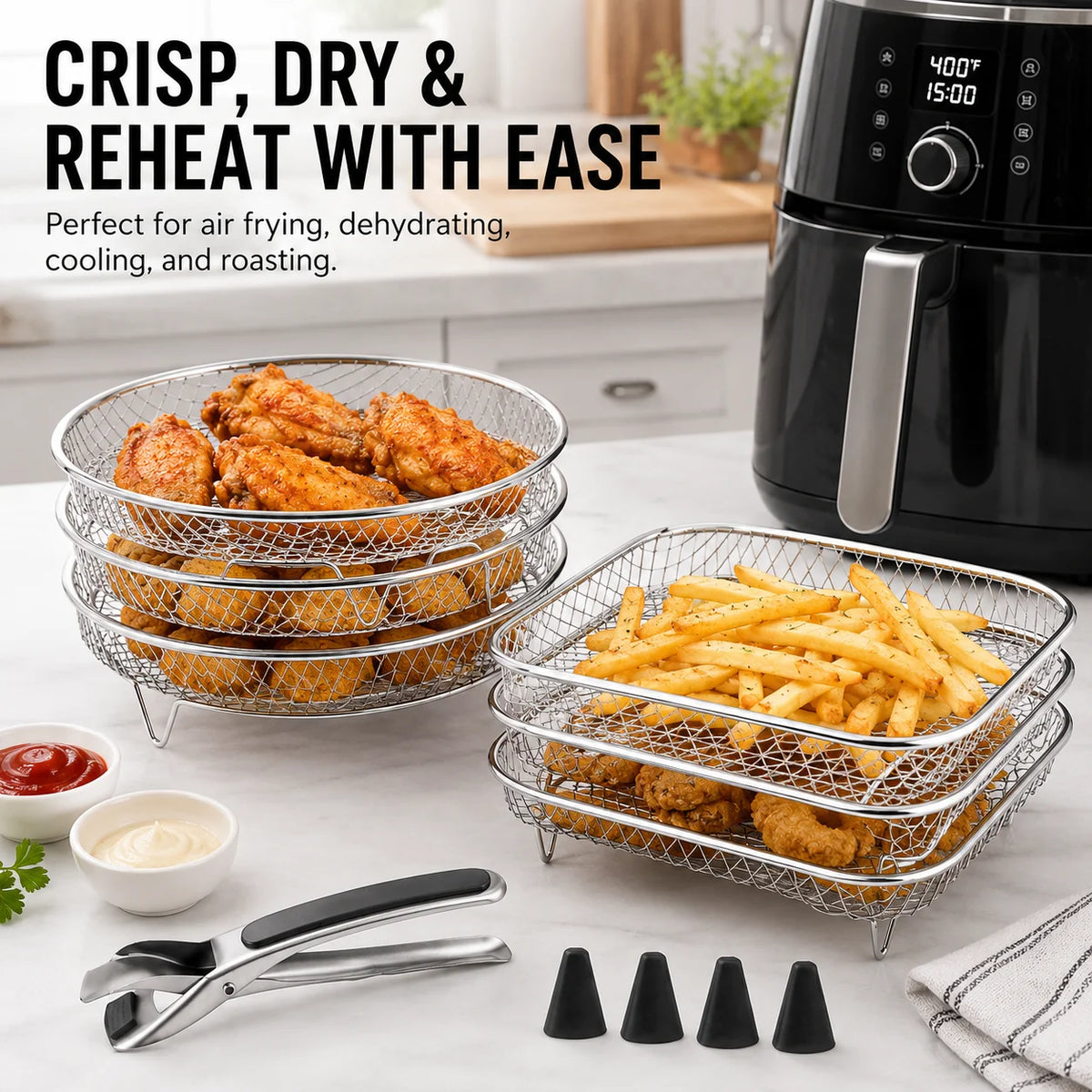 3-Tier Stackable Air Fryer Rack – Stainless Steel Dehydrator Set Air Fryer Rack Axl