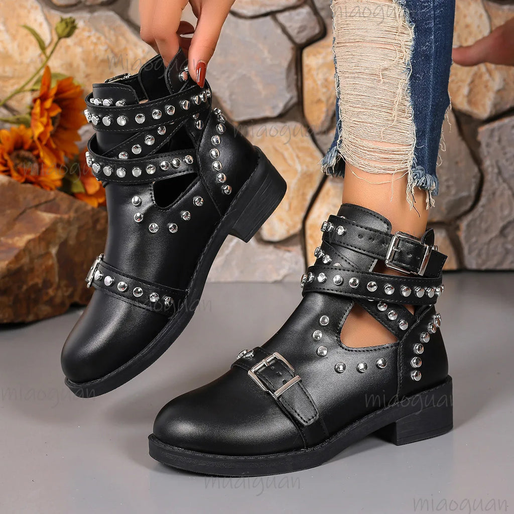 Women's Punk Ankle Boots – Black Rivet Buckle Strap Square Heel Women's Ankle Boots Axl