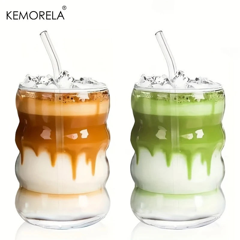 KEMORELA 380ml Ripple Vintage Glass Cups with Straws | Borosilicate Glass Drinkware Set Axl 2PCS 350ML