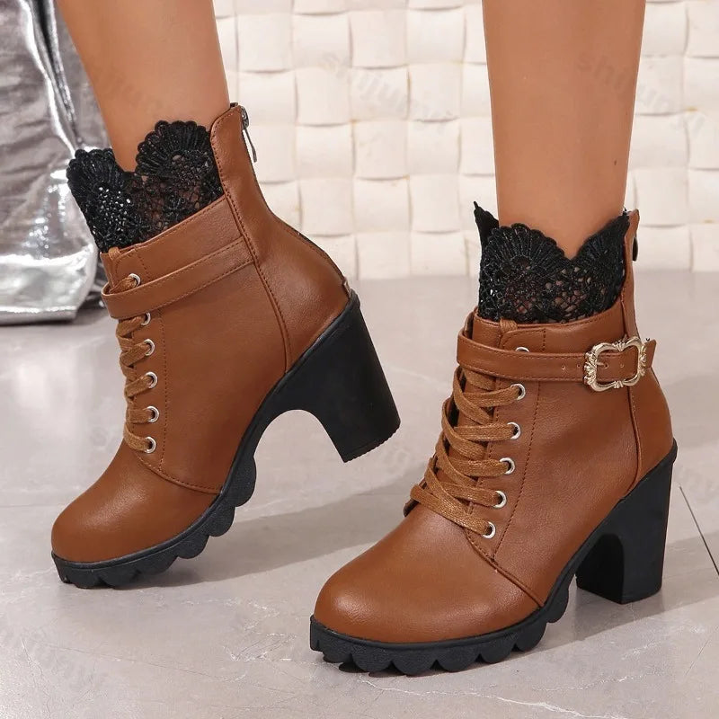 Women's Retro Buckle Lace Ankle Boots | Square Thick Heel Women's Ankle Boots Axl