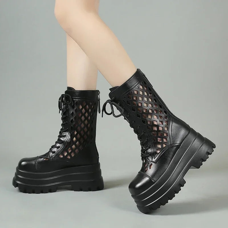 Women's Ankle Platform Wedge Boots – Lace-Up Openwork Style Platform Wedge Boots Axl