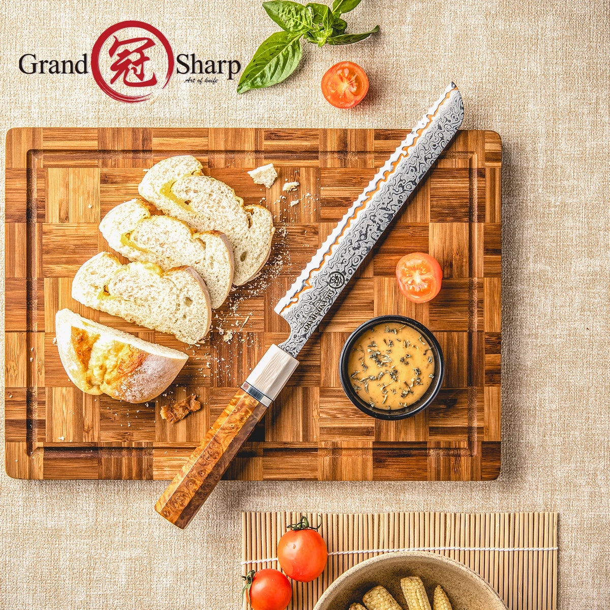 Grandsharp 8" Damascus Bread Knife – 55-Layer Serrated Steel Damascus Bread Knife Axl