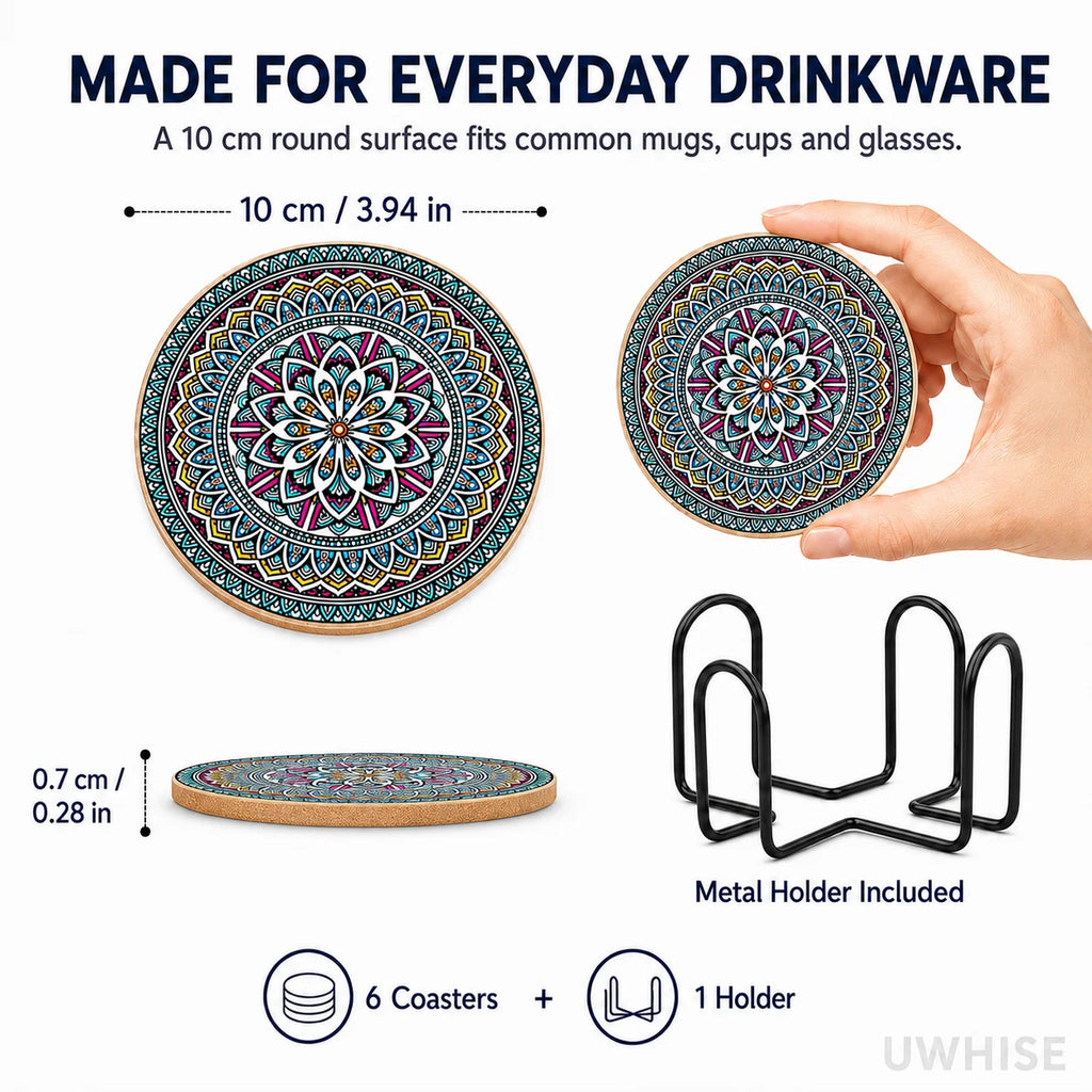 6-Piece Boho Mandala Ceramic Coasters Set with Holder Ceramic Coaster Set Axl