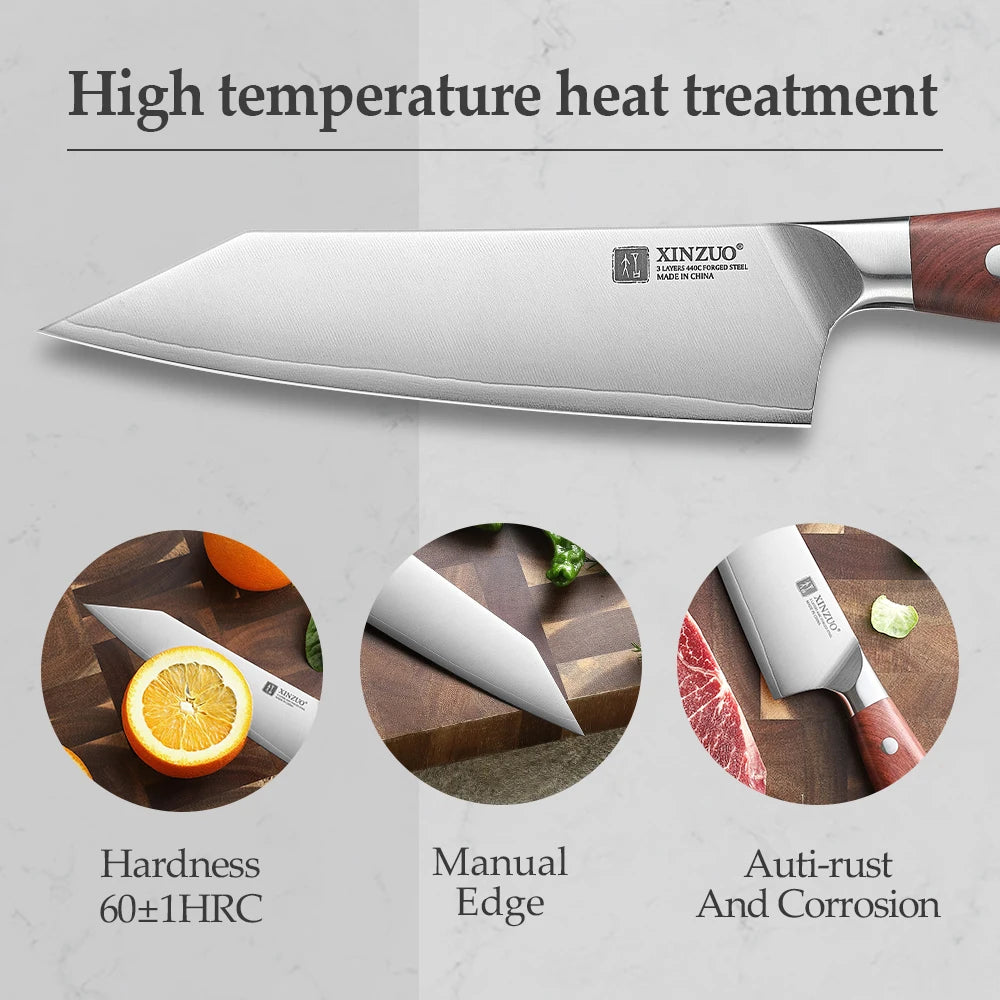 XINZUO 6" Bunka Knife – 3-Layer 440C Steel 60 HRC Red Wood Handle Bunka Kitchen Knife Axl
