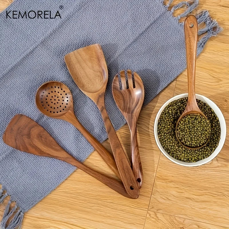 5-Piece Natural Wooden Cookware Set – Spoons, Spatula & Skimmer Wooden Kitchen Utensils Axl