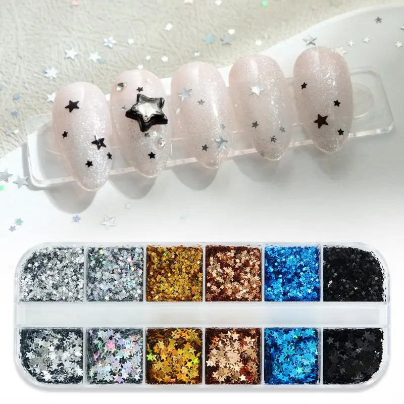 Laser Nail Glitter Set – Heart & Star 12-Color Holographic Nail Art Glitter Axl