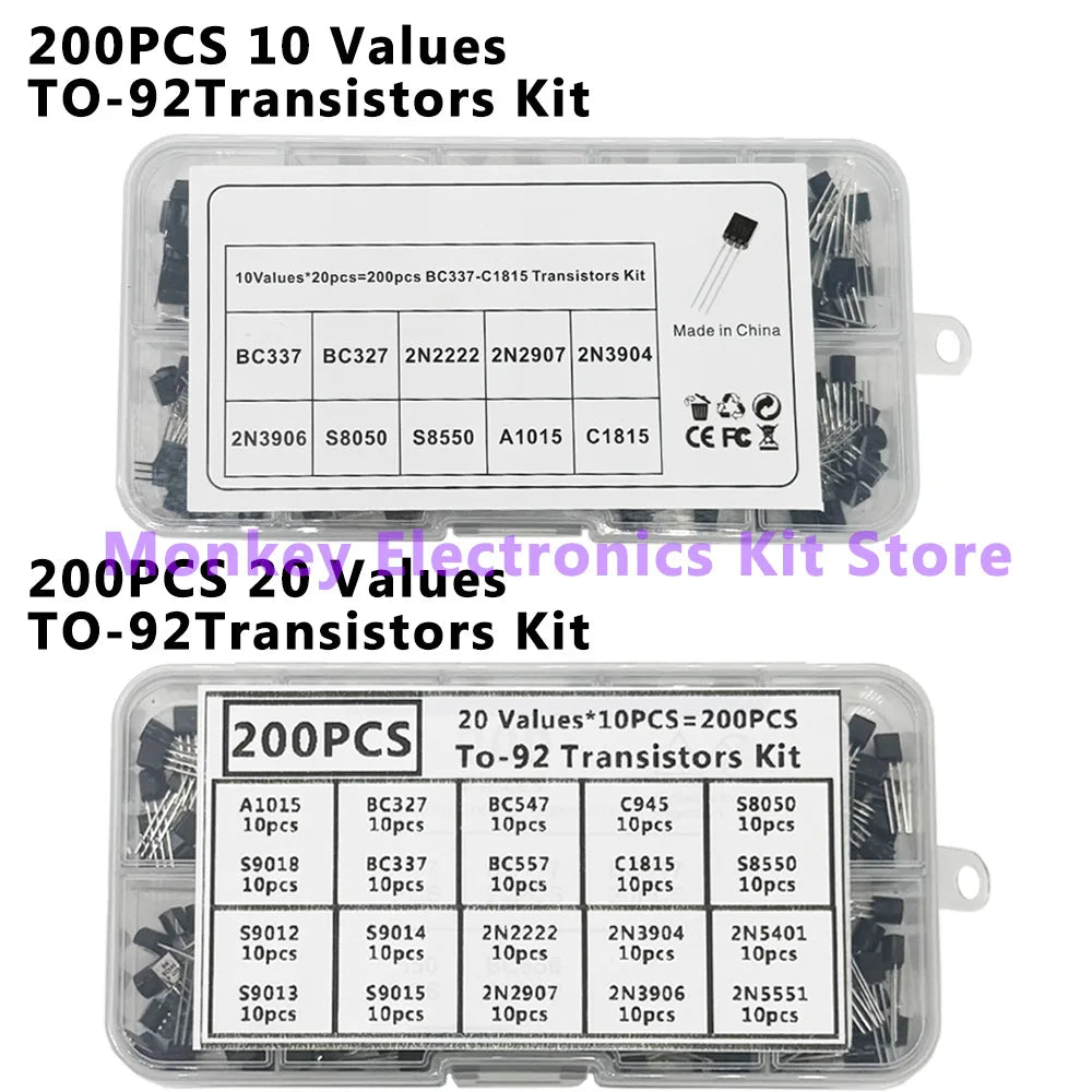 200PCS TO-92 Transistor Kit – 10 Types NPN & PNP BJT Transistor Assortment Kit Axl