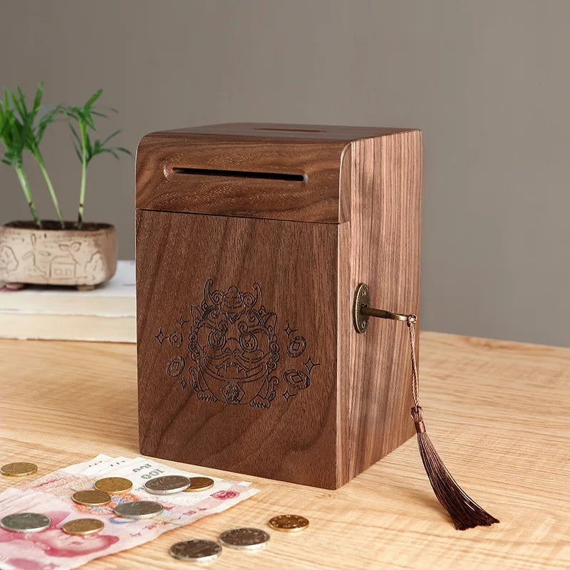 Walnut Wood Piggy Bank with Lock – Kids Savings Box & Decor Wooden Piggy Bank Axl