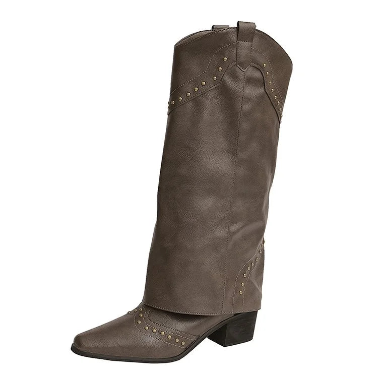 Women's Western Cowgirl Boots – Slip-On Square Heel Knee-High Western Cowgirl Boots Axl 38 Khaki