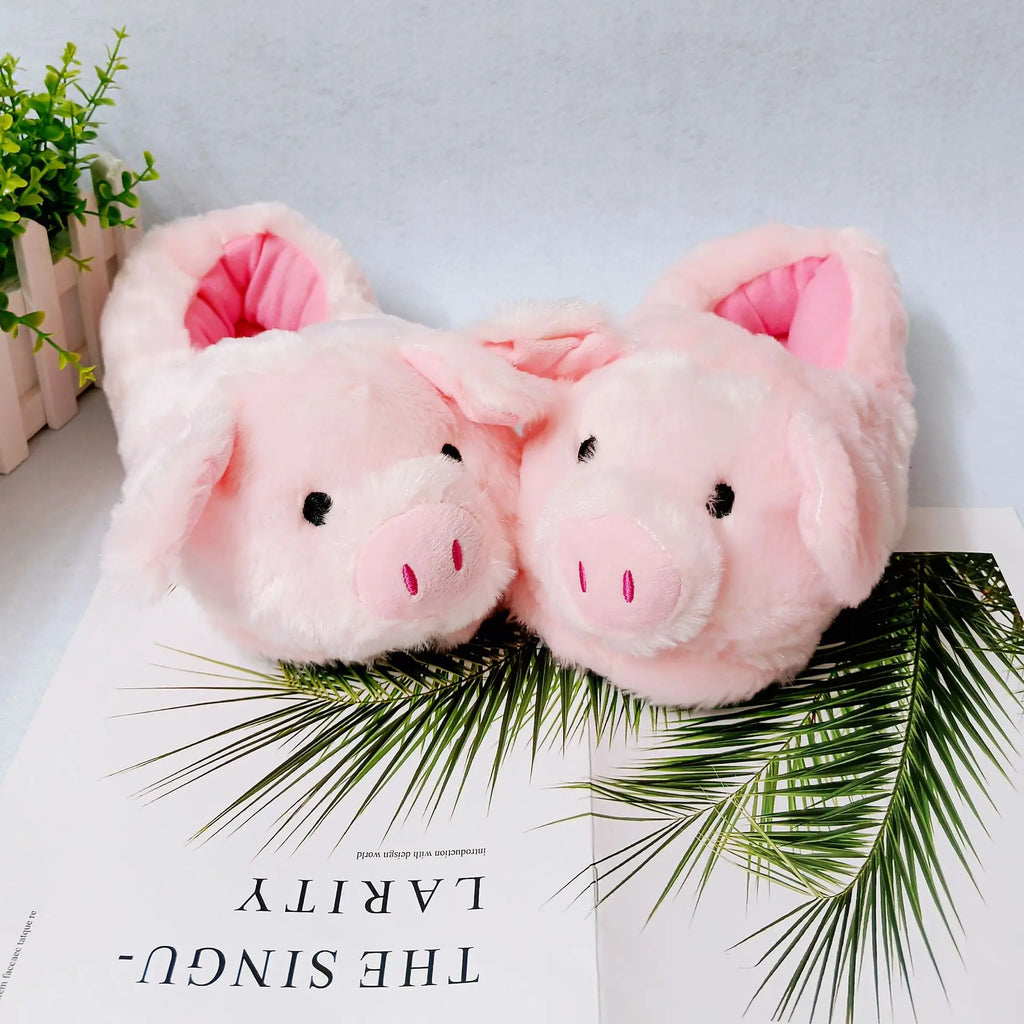 Cartoon Pig Fluffy Slippers – Women's Pink Slip-On Slides Novelty Slippers Axl