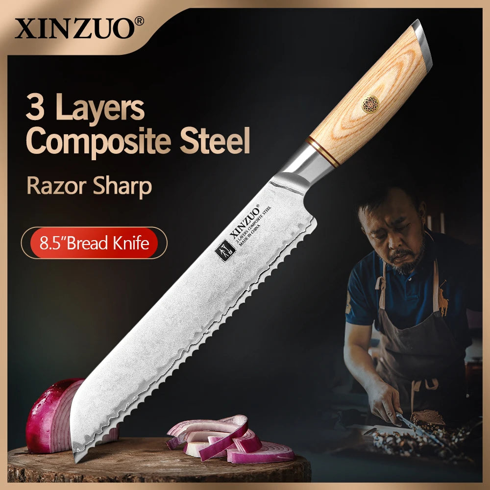 XINZUO 8.5" Bread Knife – 3-Layer Steel & Pakkawood Handle Bread Knife Axl 8.5 inch