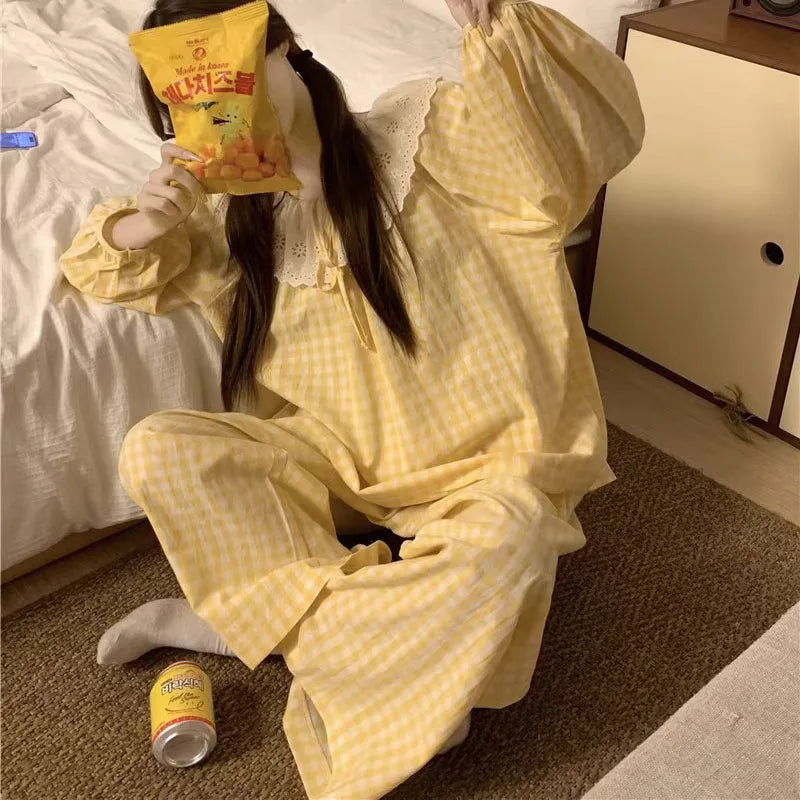 Women's Yellow Plaid Pajama Set – Long Sleeve Sleepwear Women's Pajama Set Axl