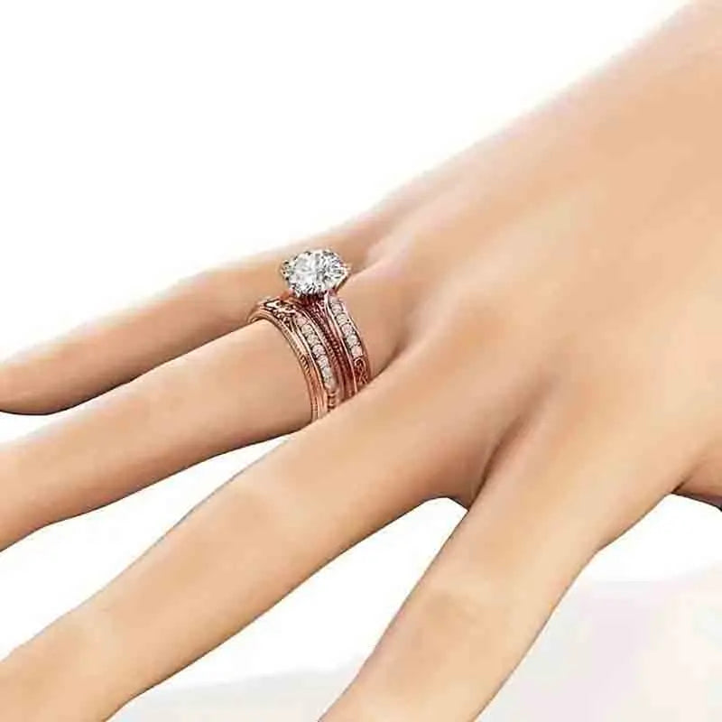 Huitan Rose Gold CZ Bridal Ring Set – Elegant Women's Jewelry Bridal Ring Set Axl