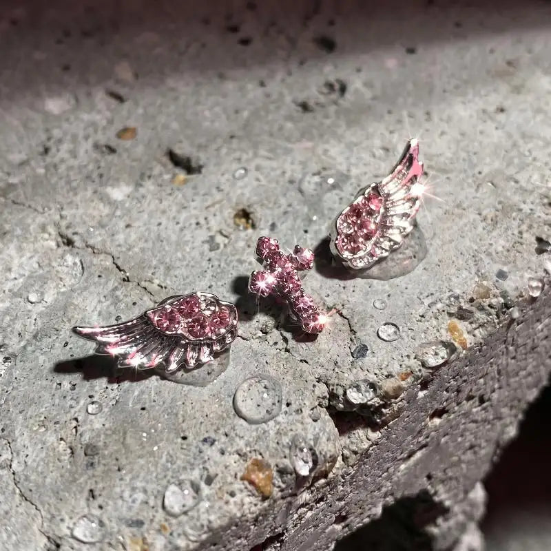 Vintage Punk Pink Zircon Wing Cross Earrings Set 3/4 Pcs Piercing Earrings Set Axl