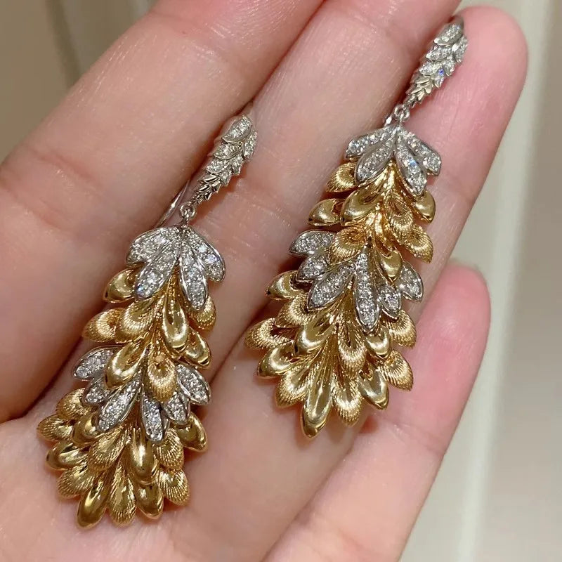 Huitan Two-Tone Leaf Drop Earrings | Cubic Zirconia Wedding Jewelry Drop Earrings Axl