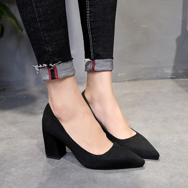 Women's Chunky Heel Pumps – Retro Pointed Toe Office Heels Chunky Heel Pumps Axl