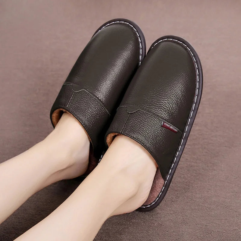 Lorilury Plush Leather Indoor Slippers – Non-Slip Slides Indoor Plush Slippers Axl Dark brown 34-35