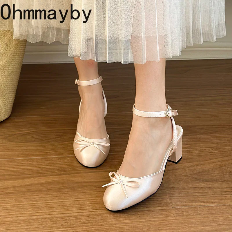 Satin Butterfly-Knot Women's Slingback Sandals | Square Heel Slingback Heeled Sandals Axl