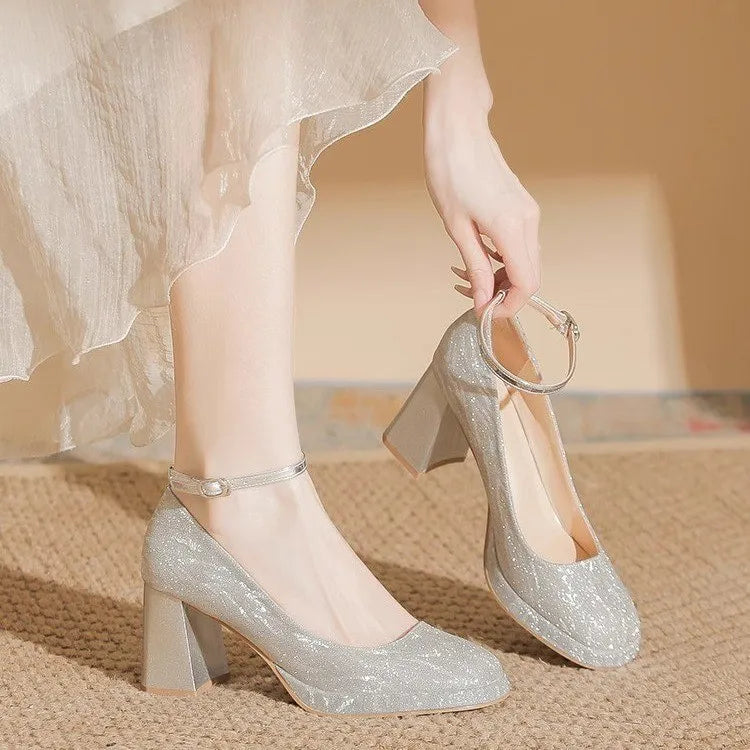 Women's Sparkle Platform Mary Jane Pumps | Buckle Strap Heels Platform Heeled Pumps Axl Silver 37