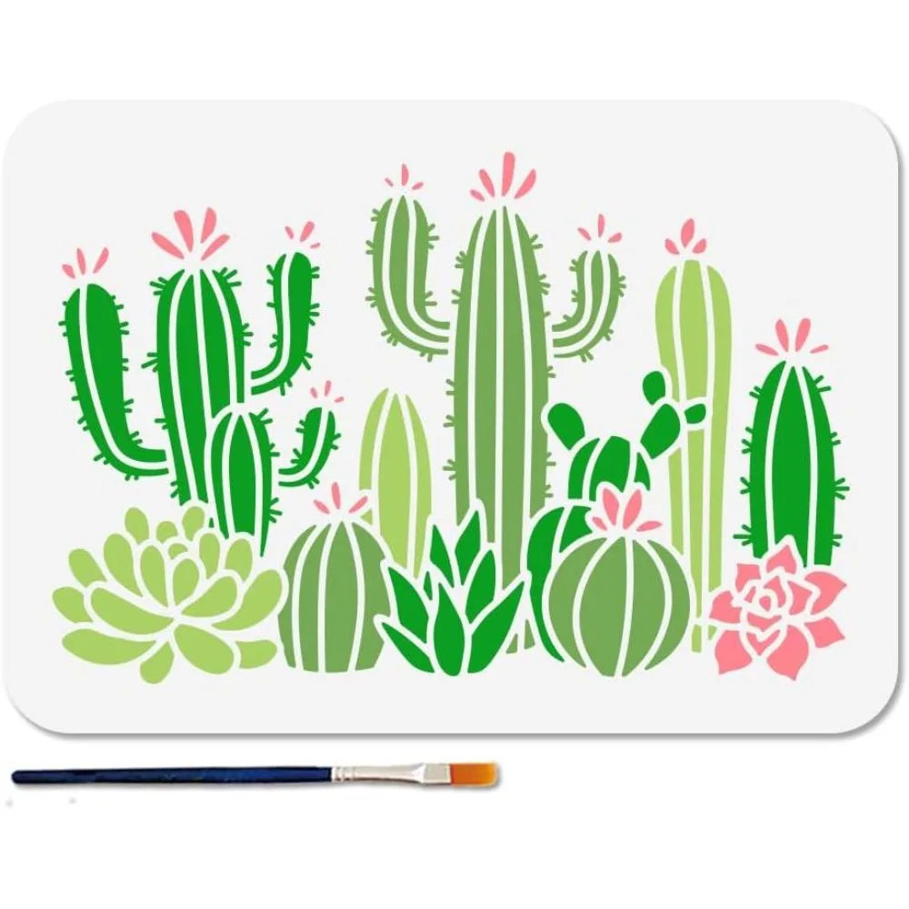 Cactus Succulent Reusable Stencil 11.7×8.3" with Paint Brush Craft Stencil Set Axl AECH04-18664