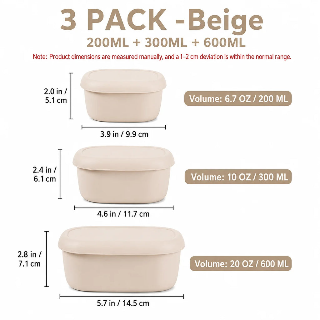 Silicone Bento Lunch Box Set of 3 – Nesting Food Containers Food Storage Set Axl 3 PACK- Beige