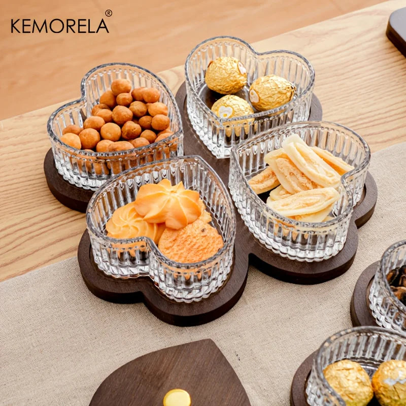 KEMORELA Heart-Shaped Glass & Wood Fruit Dessert Plate Fruit Serving Plate Axl