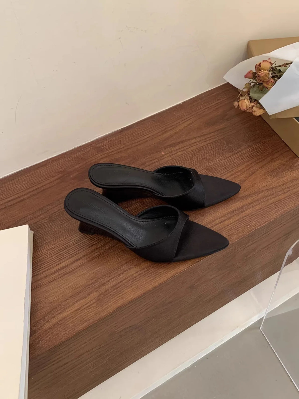 Women's Satin Wedge Slippers – Open Toe Slip-On Dress Slides Wedge Slippers Axl Black 37