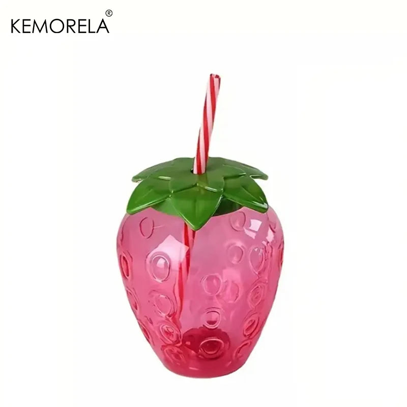 KEMORELA Strawberry Straw Water Bottle – Cute Clear Plastic Cup Straw Water Bottle Axl Strawberry White B <500ml