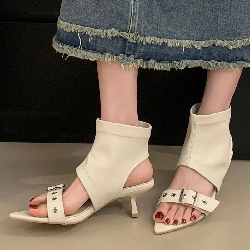 Women's Pointed Toe Ankle Boots – Metal Buckle Thin Heel Women's Ankle Boots Axl White 40