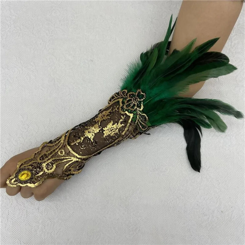 Women's Feather Lace Cuff Gloves – Halloween Costume Accessory Costume Feather Gloves Axl Green