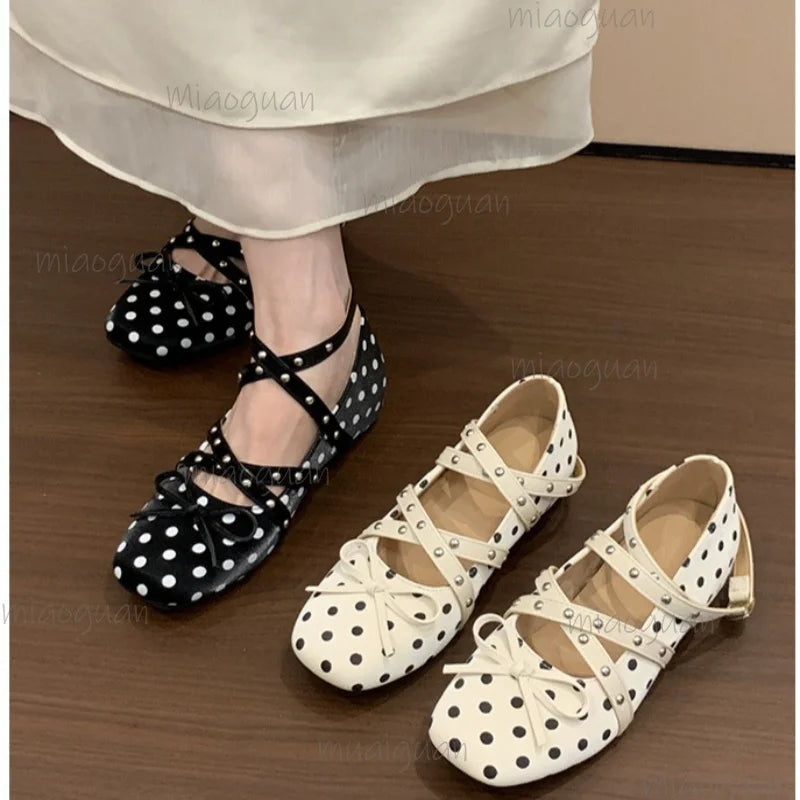 Women's Polka Dot Mary Jane Flats | Square Toe Bow Buckle Mary Jane Flats Axl