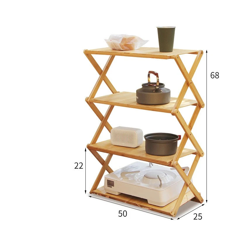 Bamboo Foldable Camping Shelf – 3–4 Tier Portable Storage Rack Foldable Bamboo Shelf Axl 4 tiers