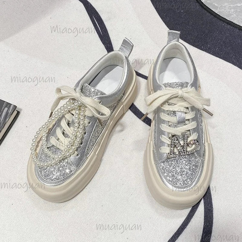 Pearl Decor Women's Sneakers – 4CM Thick Sole, Breathable Women's Sneakers Axl