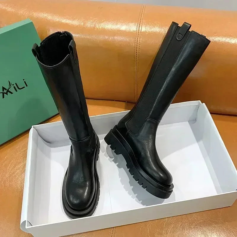 Women's Knee-High Chunky Platform Boots | PU Leather Zip Knee-High Platform Boots Axl