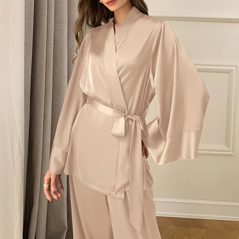 Women's 2-Piece Satin Pajama Set – V-Neck Cardigan & Trousers Satin Pajama Set Axl champagne M