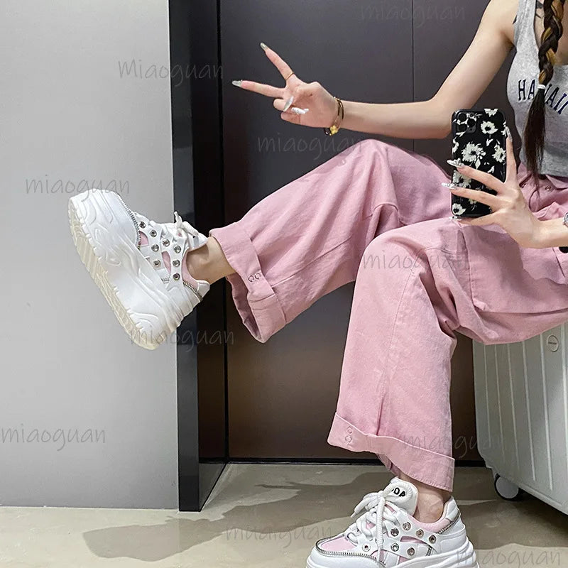 Women's 8CM Platform Chunky Sneakers – Rivet Lace-Up Shoes Platform Sneakers Axl