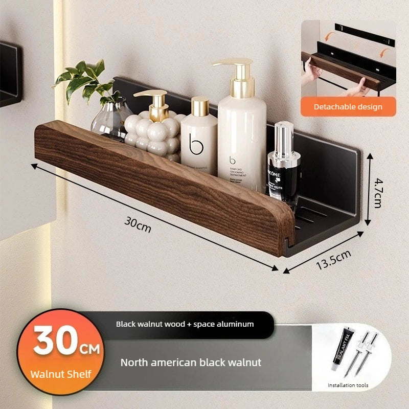 Walnut & Aluminum Wall Shelf – Bathroom Storage Rack Wall Storage Shelf Axl 30CM